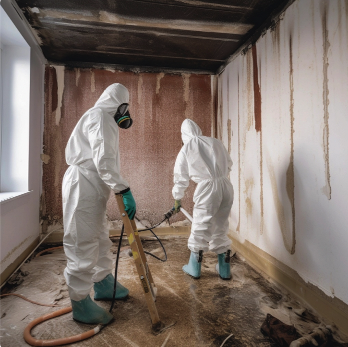 mold remediation workers in a house with equipment